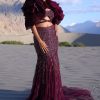 Wine Ruffle Embroidered Fish Cut Lehenga With Long Trail And Jacket