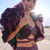Wine Ruffle Embroidered Fish Cut Lehenga With Long Trail And Jacket