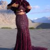 Wine Ruffle Embroidered Fish Cut Lehenga With Long Trail And Jacket