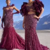 Wine Ruffle Embroidered Fish Cut Lehenga With Long Trail And Jacket