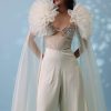 Pearl White Satin Indowestern Embroidered Jumpsuit With Net Shrug