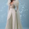 Pearl White Satin Indowestern Embroidered Jumpsuit With Net Shrug