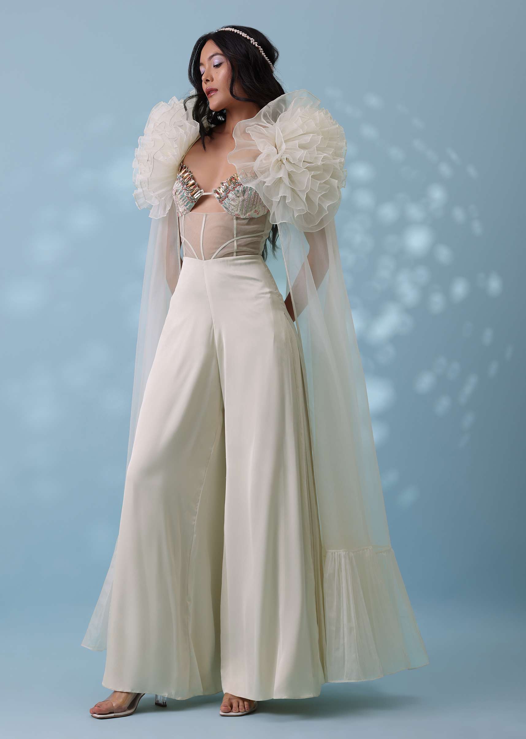 Pearl White Satin Indowestern Embroidered Jumpsuit With Net Shrug