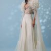 Pearl White Satin Indowestern Embroidered Jumpsuit With Net Shrug
