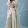 Pearl White Satin Indowestern Embroidered Jumpsuit With Net Shrug