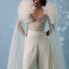 Pearl White Satin Indowestern Embroidered Jumpsuit With Net Shrug