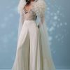 Pearl White Satin Indowestern Embroidered Jumpsuit With Net Shrug