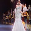 Beige Fish-Cut Gown With 3D Feathers And Floral Motif Embroidery