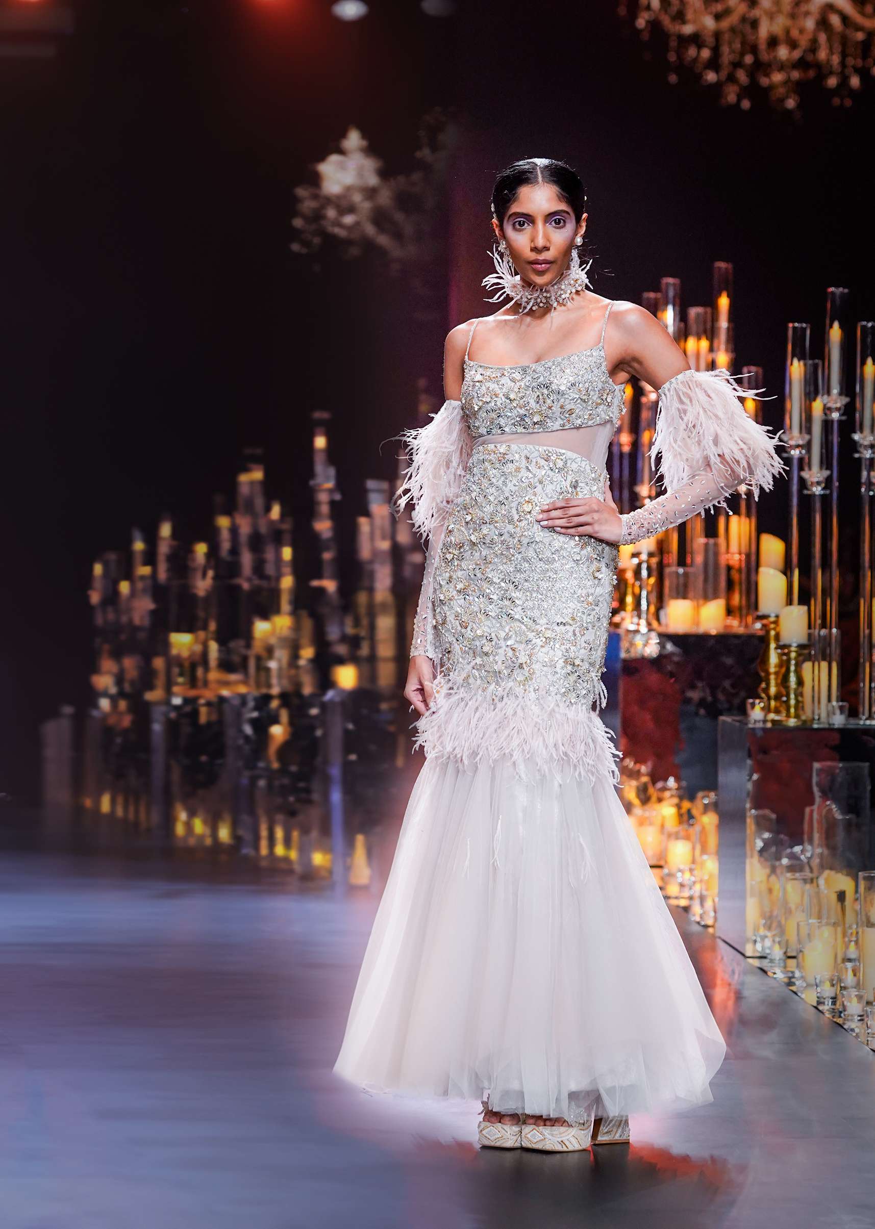 16099-beige-fish-cut-gown-with-3d-feathers-and-floral-motif-embroidery-1.jpg Beige Fish-Cut Gown With 3D Feathers And Floral Motif Embroidery