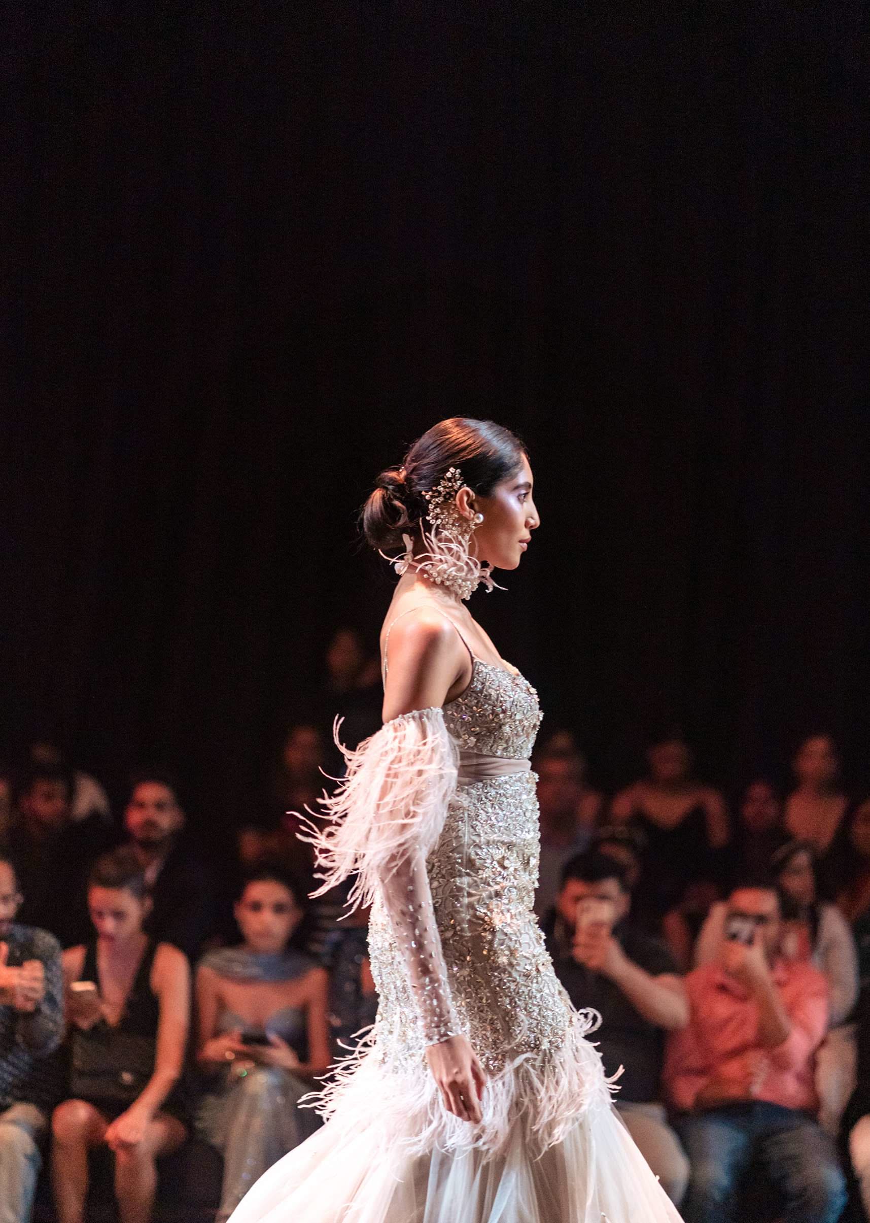 Beige Fish-Cut Gown With 3D Feathers And Floral Motif Embroidery