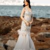 Beige Fish-Cut Gown With 3D Feathers And Floral Motif Embroidery