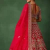 Cherry Red Hand Embroidered Raw Silk Lehenga Set With Net Dupatta