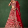 Cherry Red Hand Embroidered Raw Silk Lehenga Set With Net Dupatta