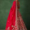 Cherry Red Hand Embroidered Raw Silk Lehenga Set With Net Dupatta