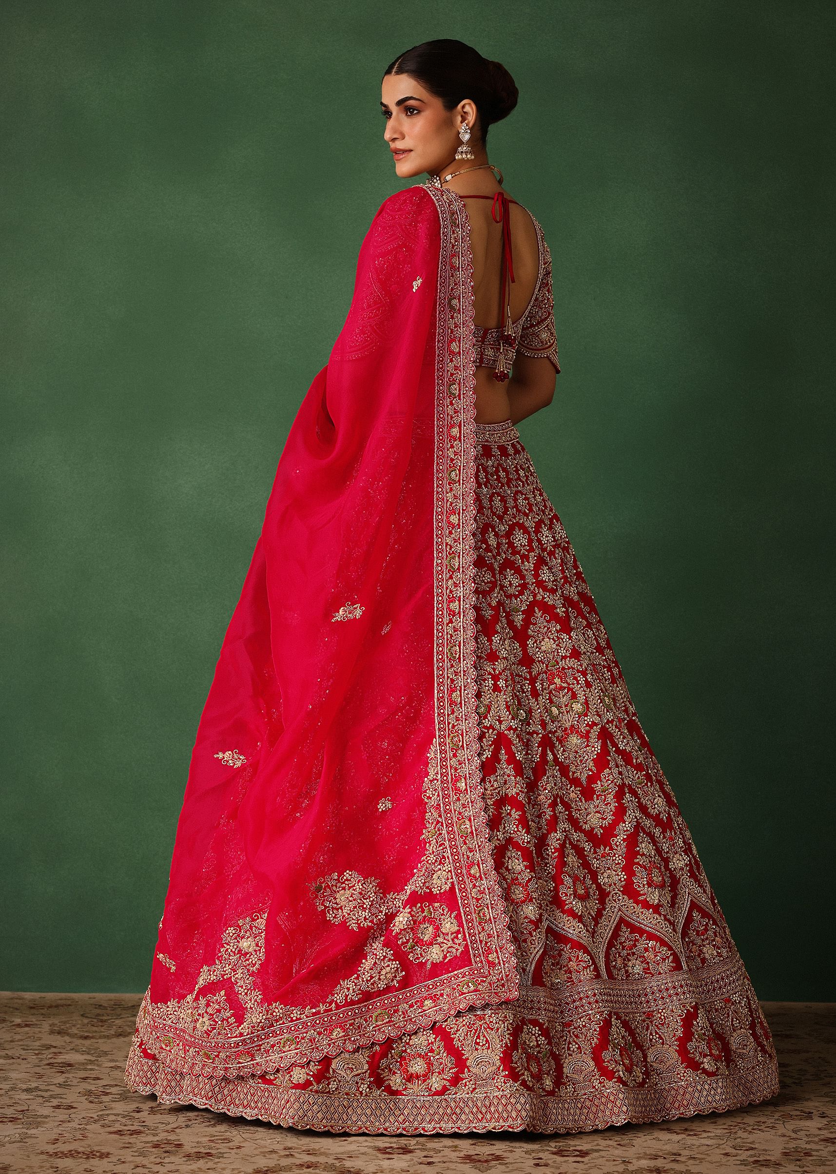Cherry Red Hand Embroidered Raw Silk Lehenga Set With Net Dupatta