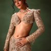 Beige Heavy Embroidered Skirt Suit With Full Sleeves V Neck Blouse