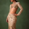 Beige Heavy Embroidered Skirt Suit With Full Sleeves V Neck Blouse