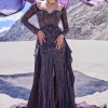 Violet Embroidered Fitted Slit Gown With Sweetheart Neckline