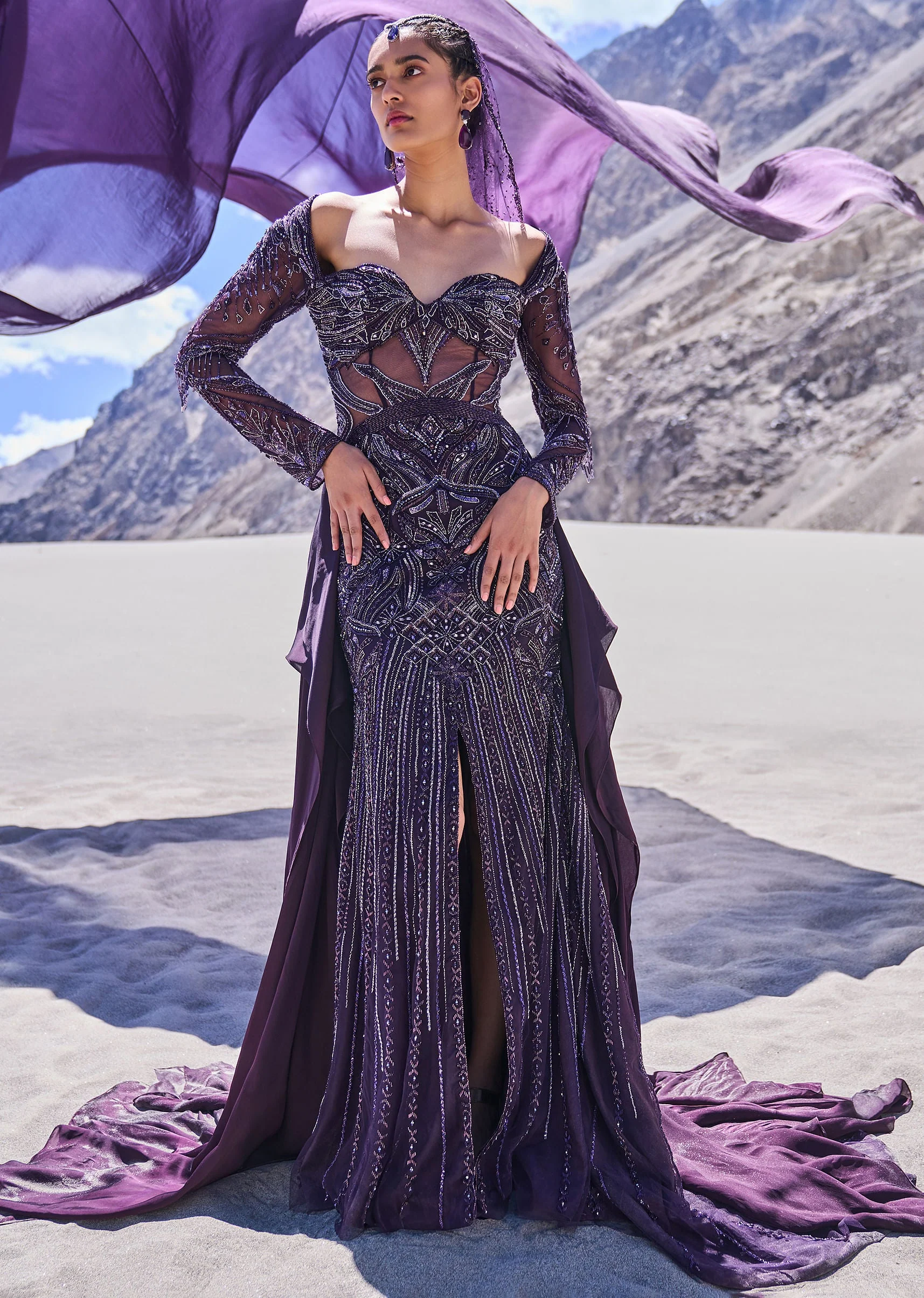 16164-violet-embroidered-fitted-slit-gown-with-sweetheart-neckline-1.webp Violet Embroidered Fitted Slit Gown With Sweetheart Neckline