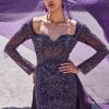 Violet Embroidered Fitted Slit Gown With Sweetheart Neckline