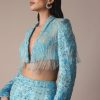 Blue Ombre Organza Fishcut Skirt With Tassel Short Jacket