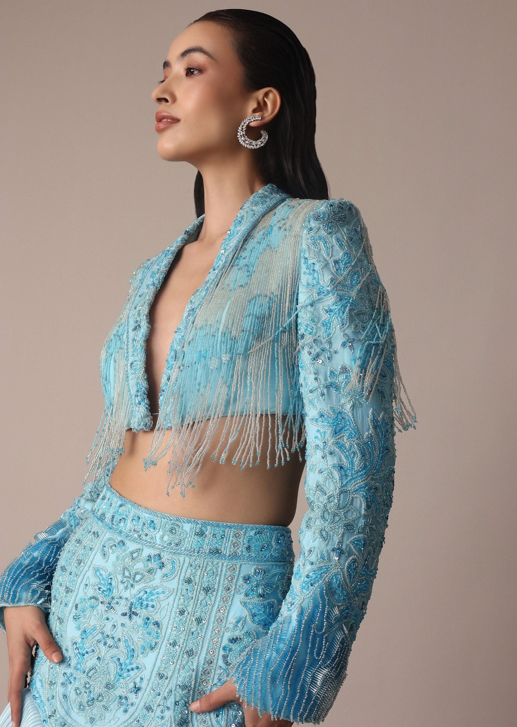 Blue Ombre Organza Fishcut Skirt With Tassel Short Jacket
