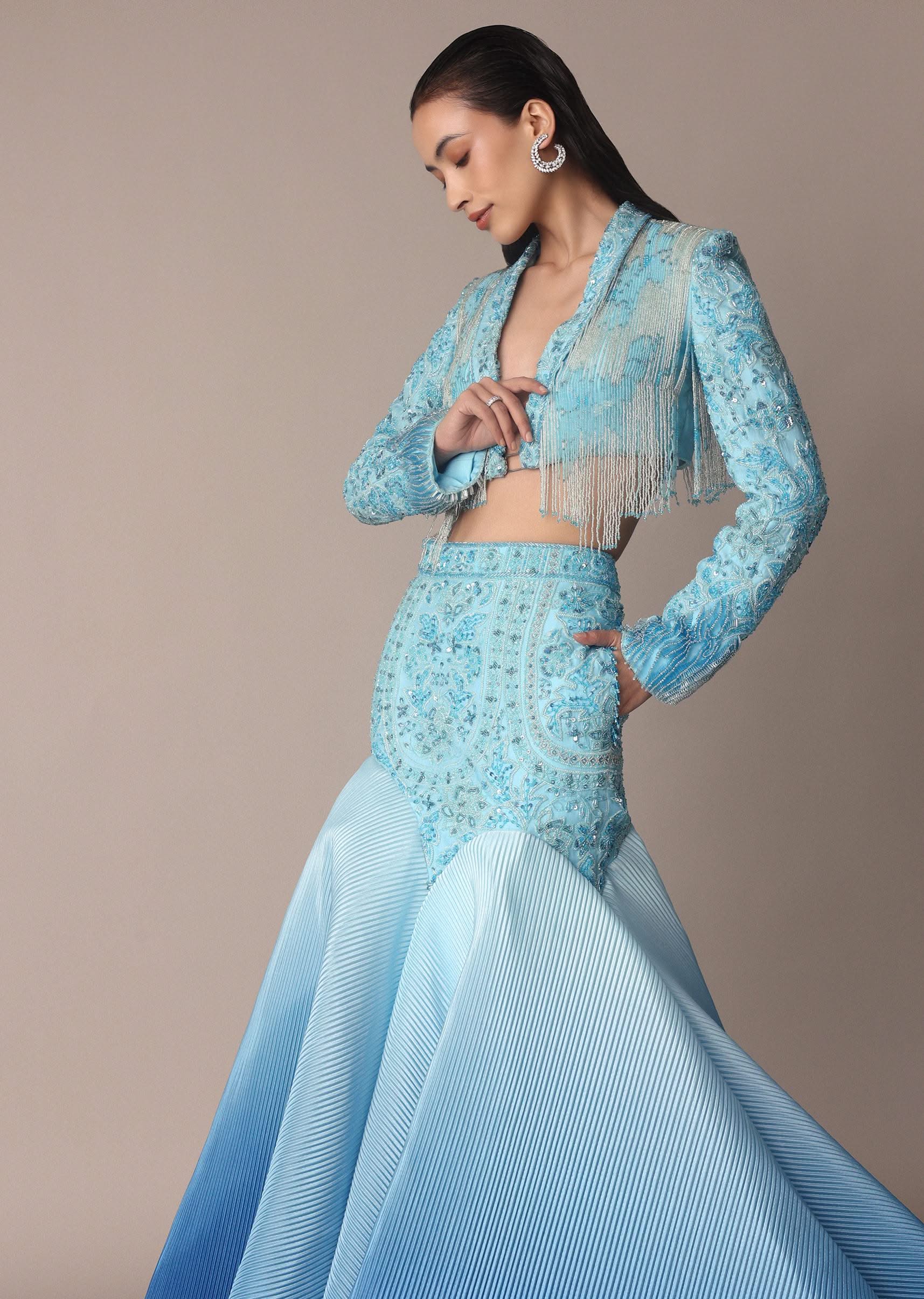 Blue Ombre Organza Fishcut Skirt With Tassel Short Jacket