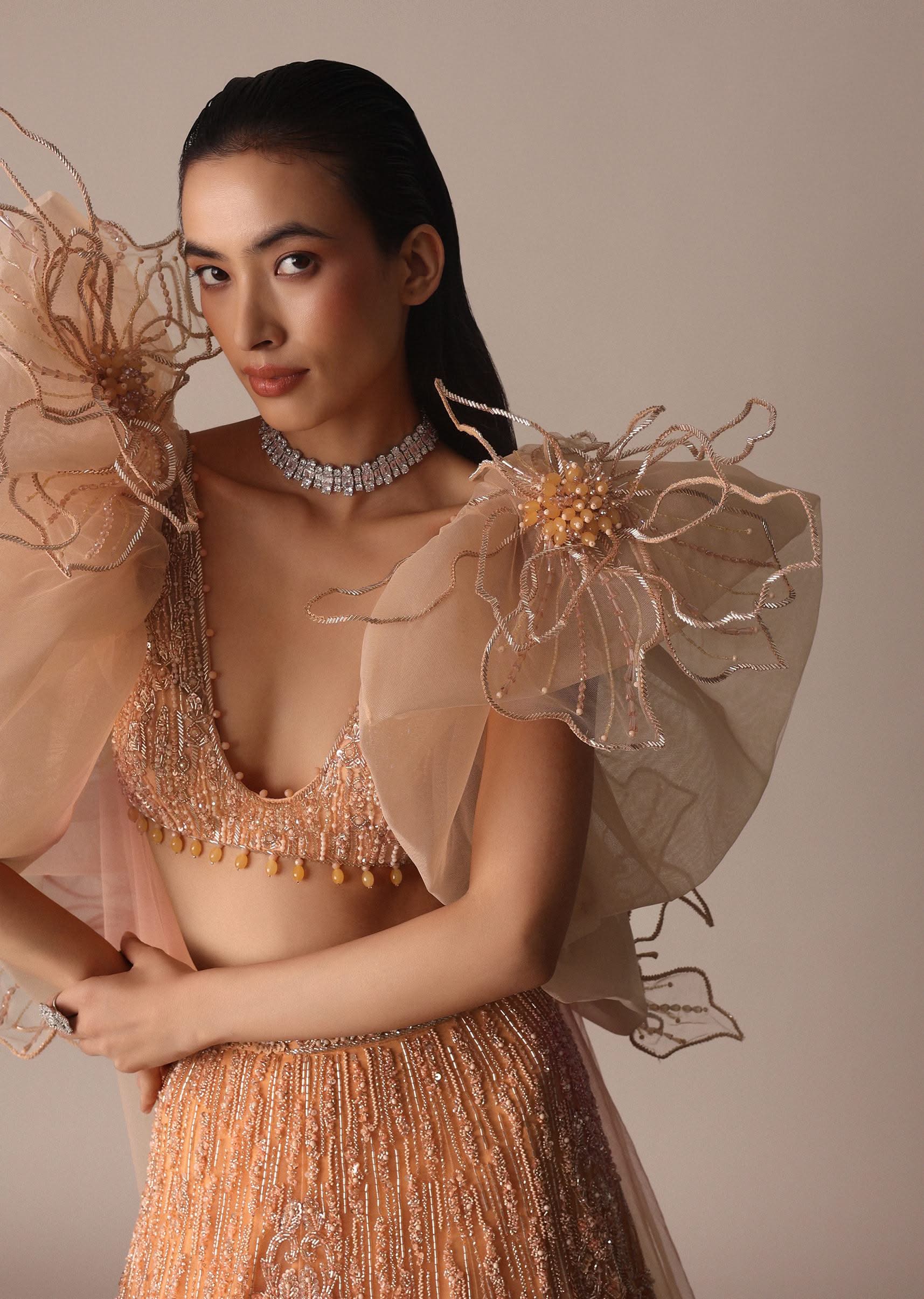 Peach Zardosi Lehenga With Dramatic Net Sleeves Blouse