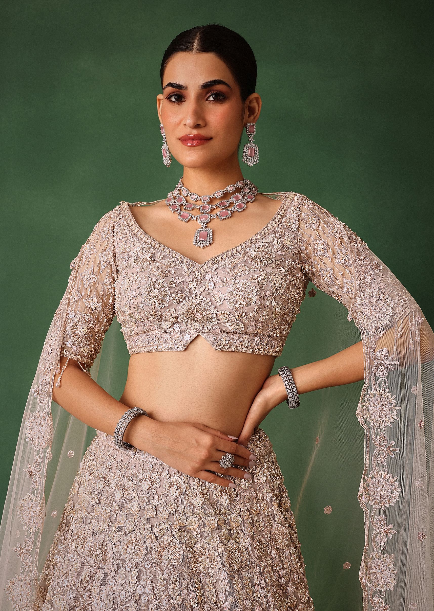Beige Hand Embroidered Floral Lehenga With Blouse And Dupatta