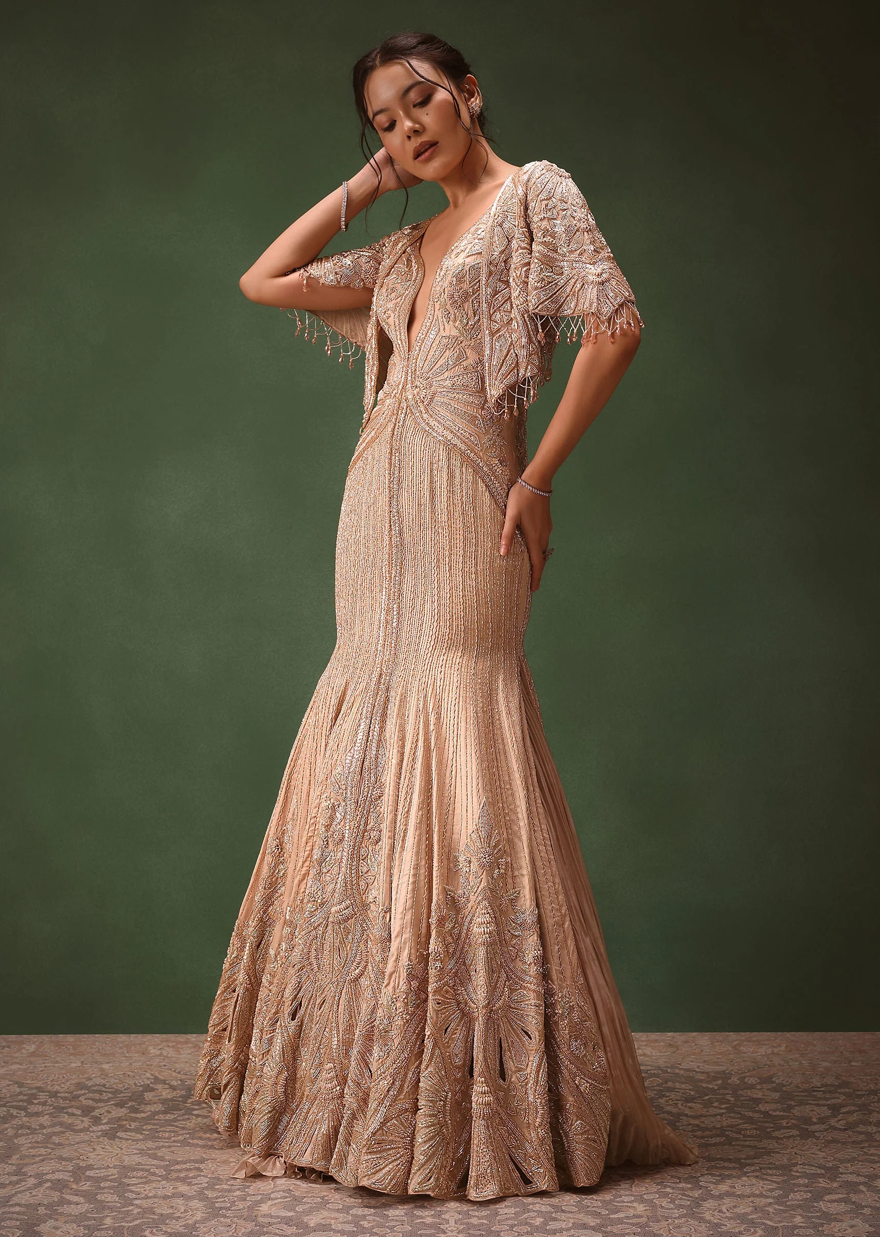 Pink Tissue Cutdana Fishcut Lehenga With Cape And Jacket
