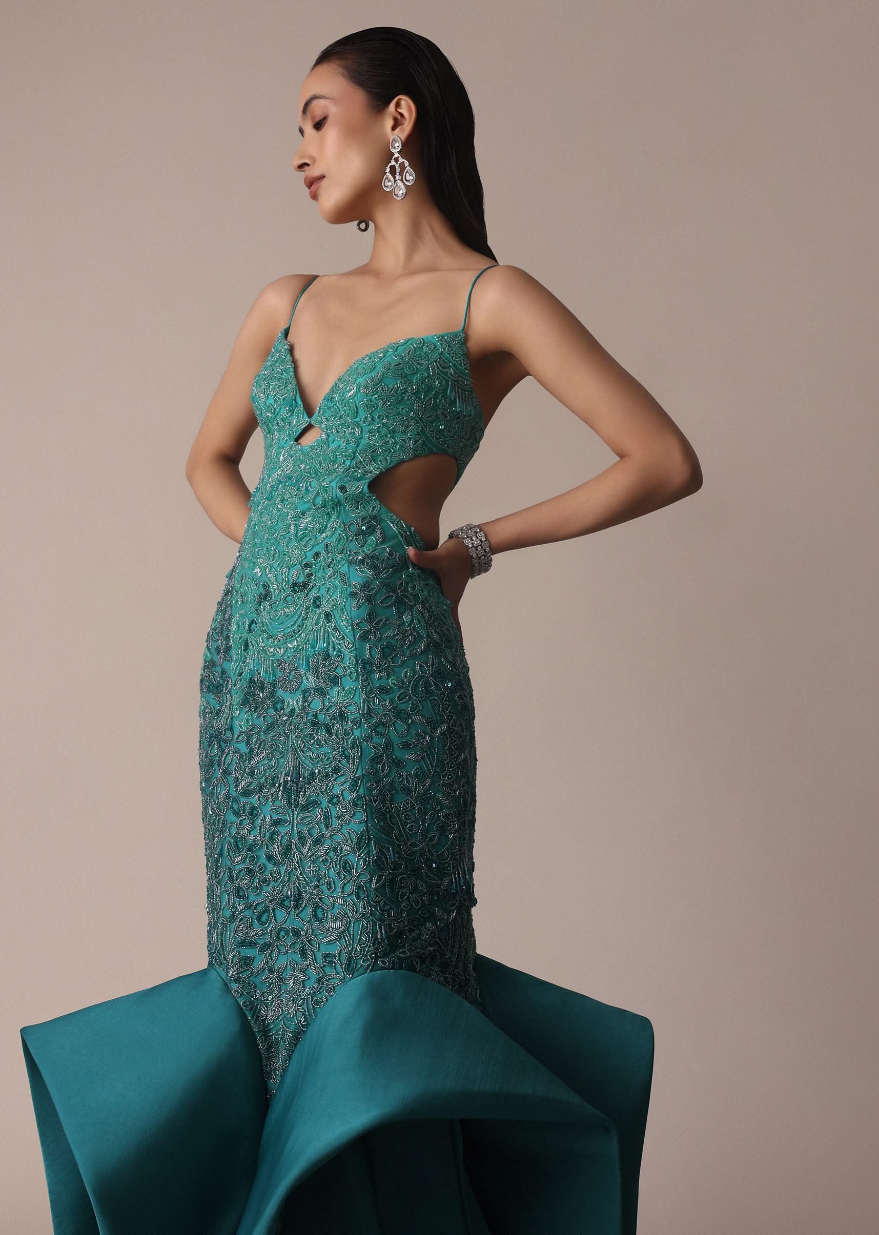 Green Blue Ombre Zardosi Fishcut Draped Gown