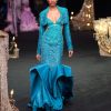 Green Blue Ombre Zardosi Fishcut Draped Gown