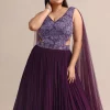 Purple Embroidered V Neck Gown With Side Cut