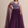 Purple Embroidered V Neck Gown With Side Cut