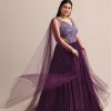 Purple Embroidered V Neck Gown With Side Cut
