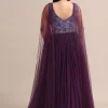 Purple Embroidered V Neck Gown With Side Cut