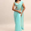 Blue Net Cutdana Saree With Beads Embroidered Border And Unstitched Blouse
