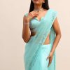 Blue Net Cutdana Saree With Beads Embroidered Border And Unstitched Blouse