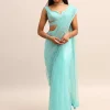 Blue Net Cutdana Saree With Beads Embroidered Border And Unstitched Blouse