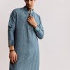 Blue Linen Kurta Set With Ajrakh Print