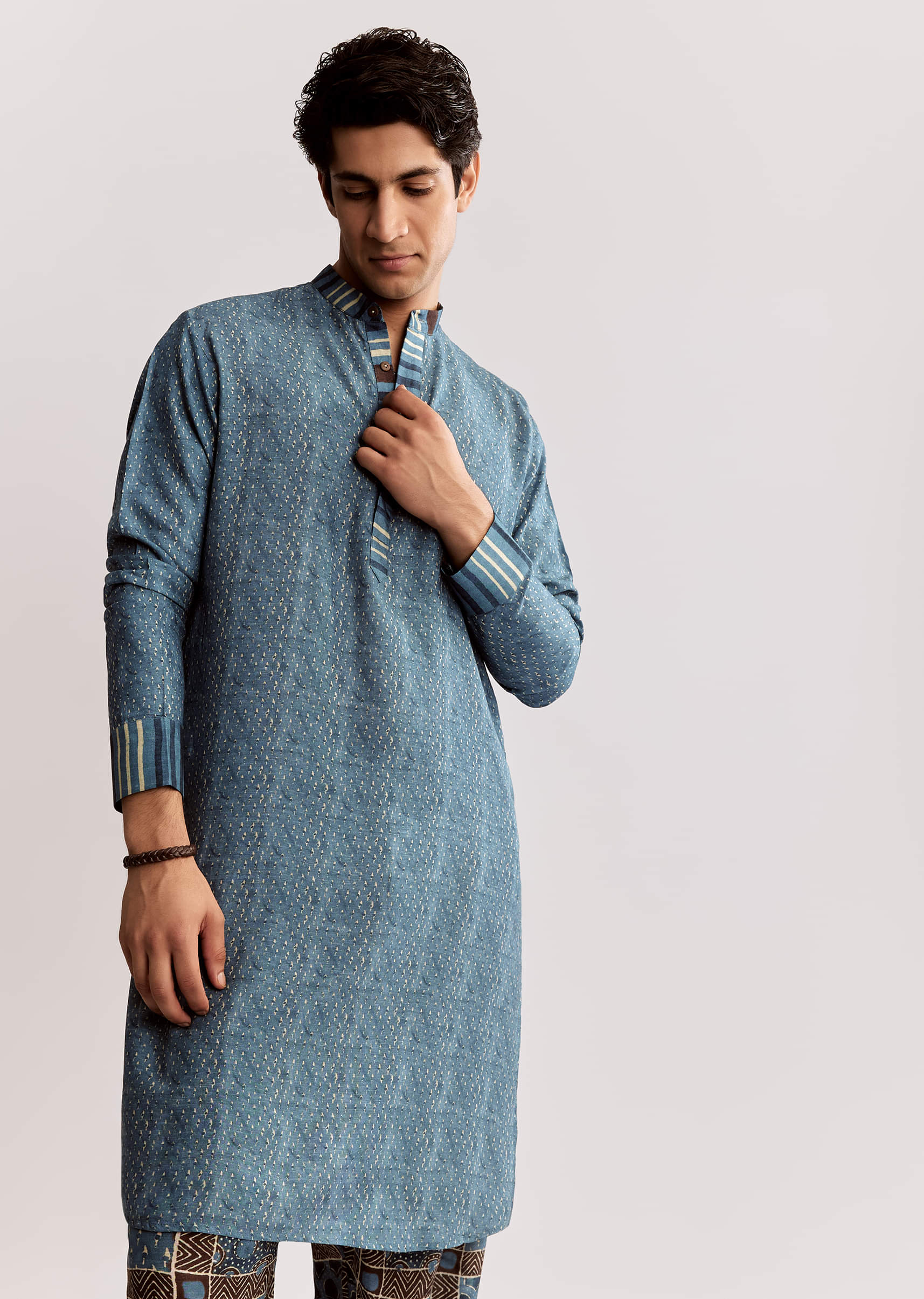 16378-blue-linen-kurta-set-with-ajrakh-print-1.jpg Blue Linen Kurta Set With Ajrakh Print