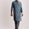 Blue Linen Kurta Set With Ajrakh Print