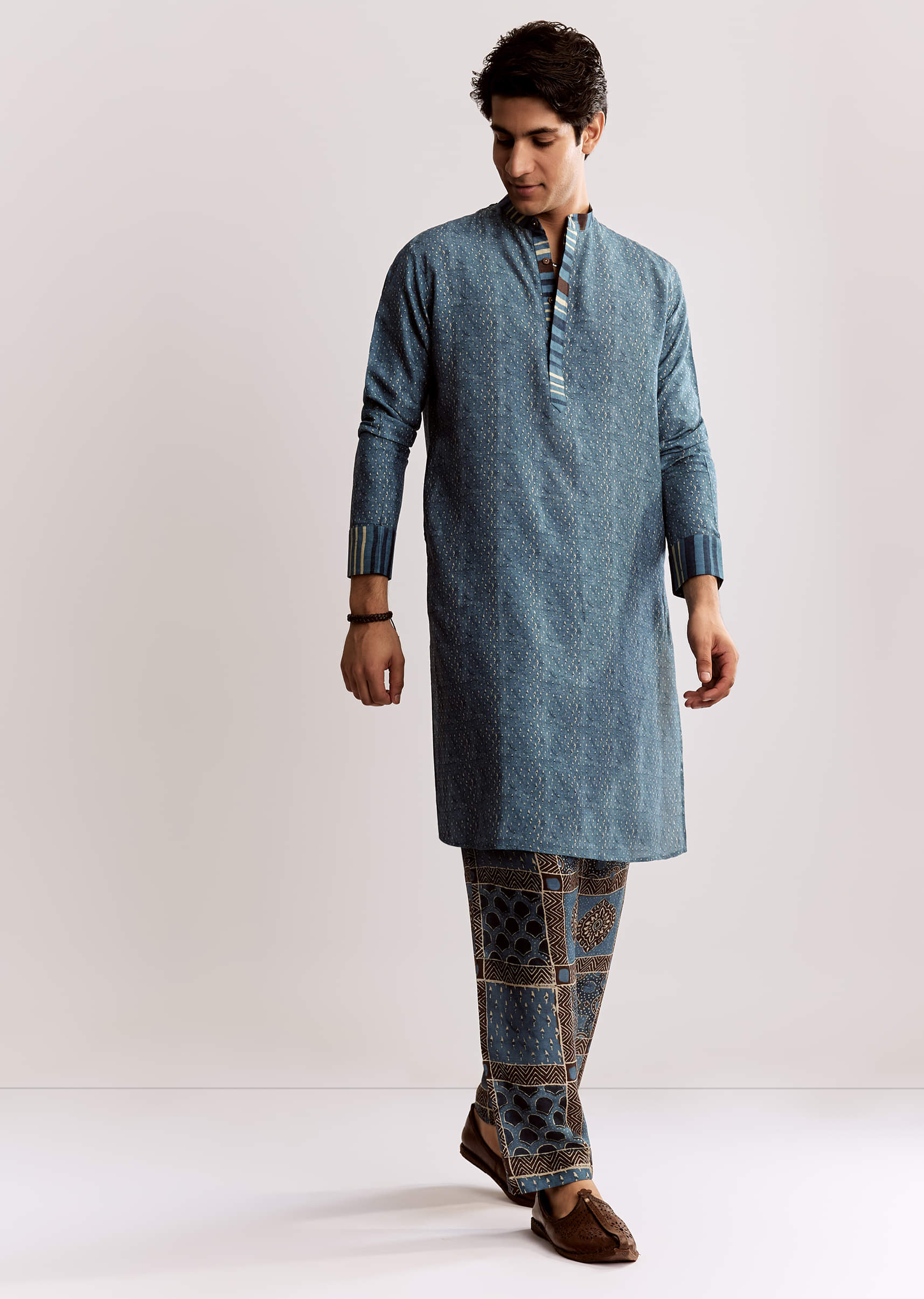 Blue Linen Kurta Set With Ajrakh Print