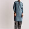 Blue Linen Kurta Set With Ajrakh Print