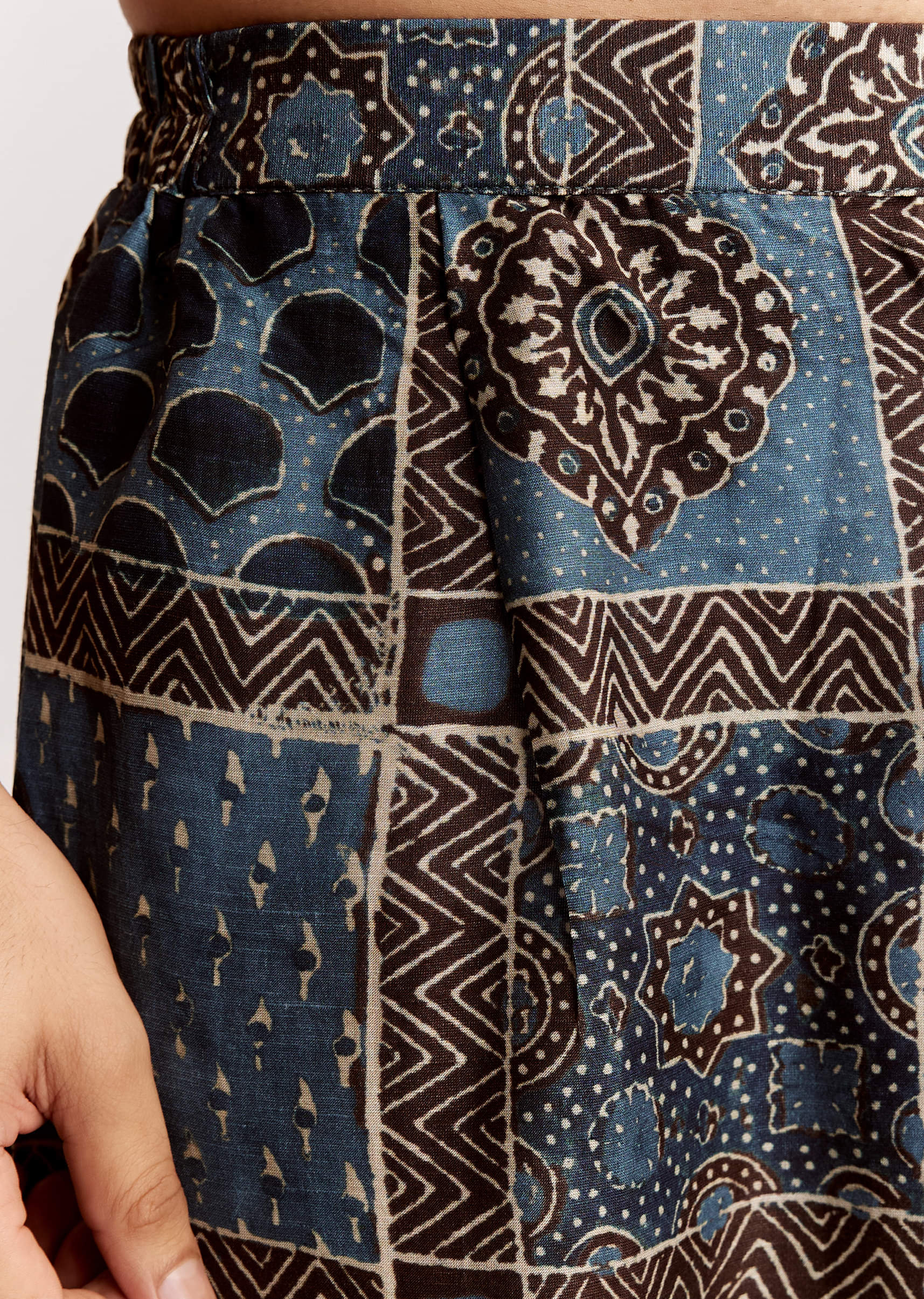 Blue Linen Kurta Set With Ajrakh Print
