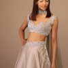 Oyster Organza Layered Skirt With Sleeveless Hand Embroidered Crop Top