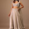 Oyster Organza Layered Skirt With Sleeveless Hand Embroidered Crop Top