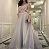 Oyster Organza Layered Skirt With Sleeveless Hand Embroidered Crop Top