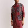 Red Linen Kurta Jacket Set With Ajrakh Print
