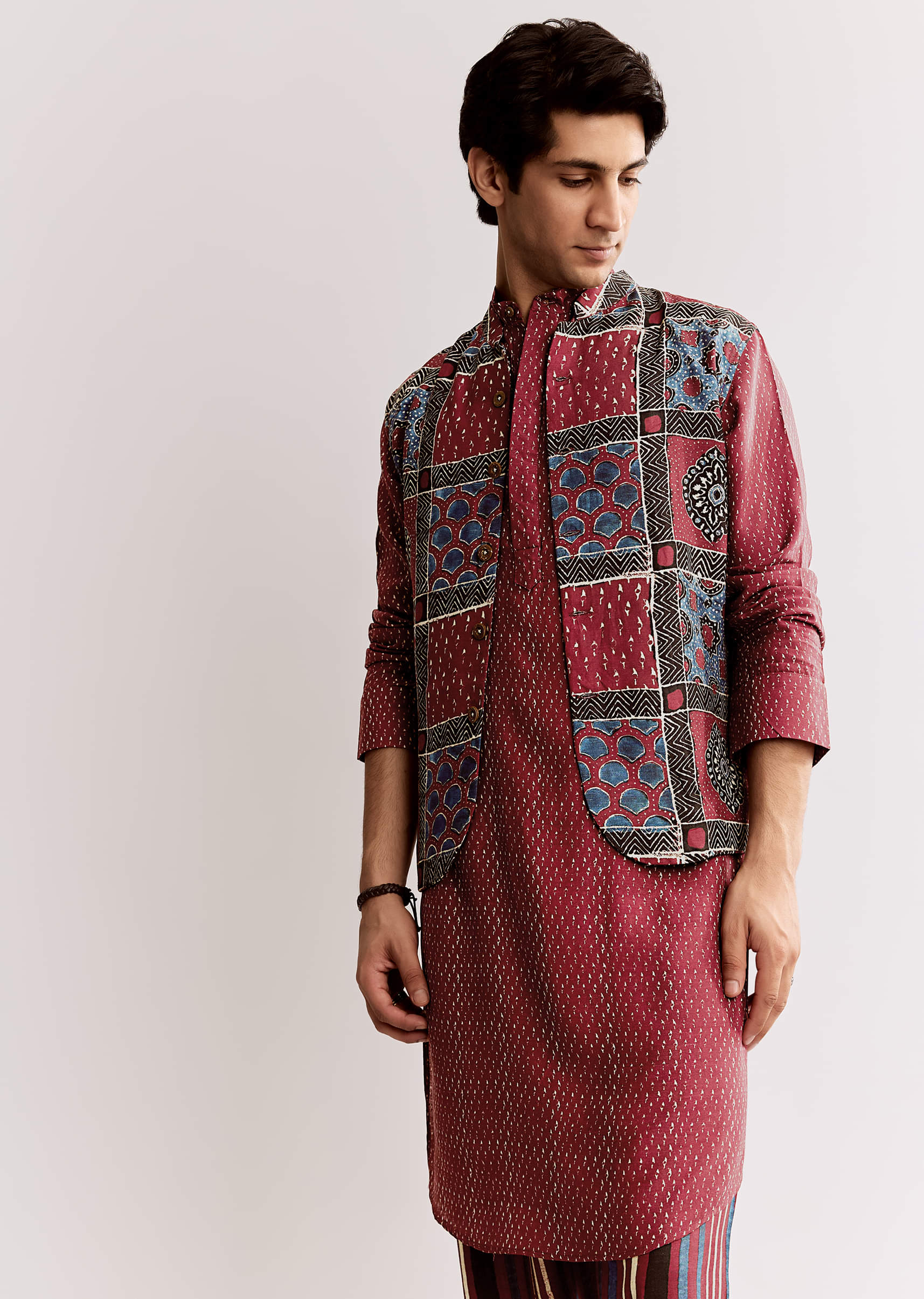 16387-red-linen-kurta-jacket-set-with-ajrakh-print-1.jpg Red Linen Kurta Jacket Set With Ajrakh Print